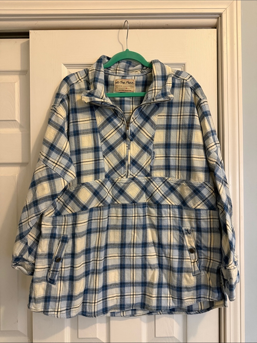 We The Free Wind River Blue & White Plaid Half-Zip pullover